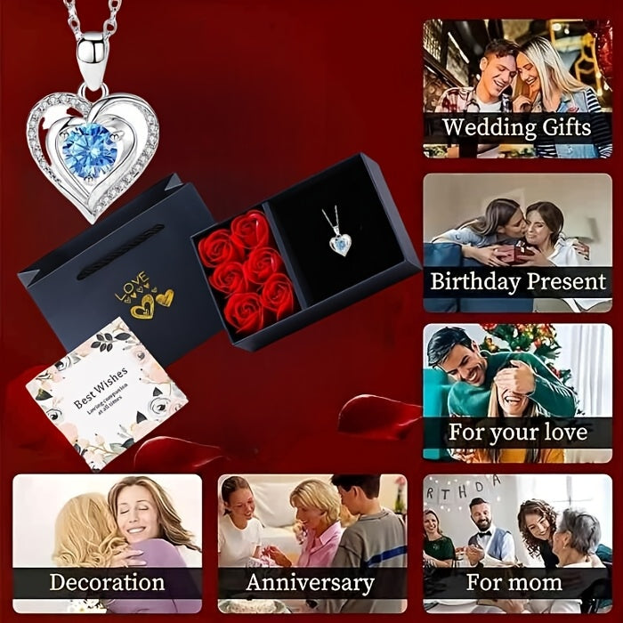 1 Box of Eternal Rose Soap, Exquisite Gift Set with Light Luxury Ocean Heart Pendant Necklace and Minimalist Sea Blue Heart Collarbone Chain Accessory. Perfect for Mother's Day, Valentine's Day, Girlfriend Shopping Festival,