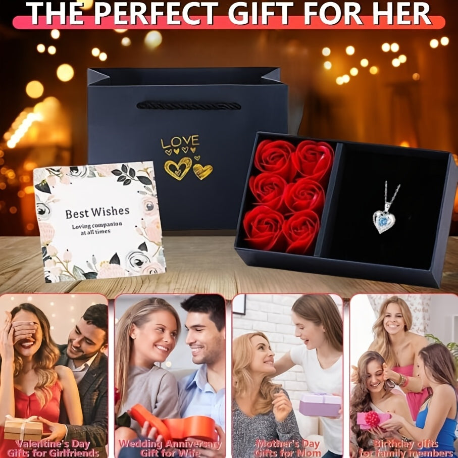 1 Box of Eternal Rose Soap, Exquisite Gift Set with Light Luxury Ocean Heart Pendant Necklace and Minimalist Sea Blue Heart Collarbone Chain Accessory. Perfect for Mother's Day, Valentine's Day, Girlfriend Shopping Festival,