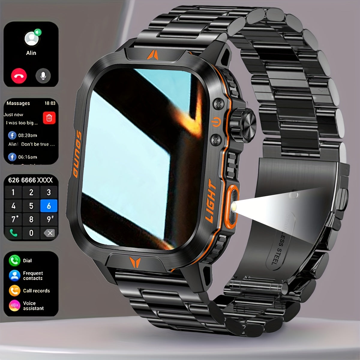 Brand New Stylish Square Men'S Outdoor Sports Smart Watch Wireless Call Flashlight AI Voice Assistant