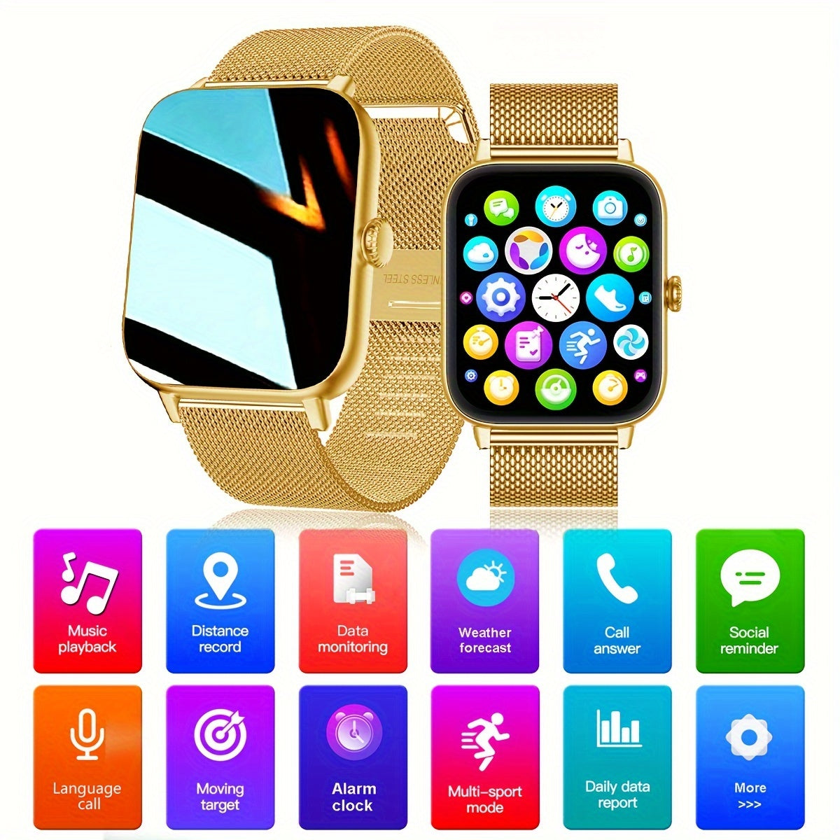 Smart Watch - 4.65cm HD Display, Golden-Tone Mesh Band,, Wireless, Sedentary Alert