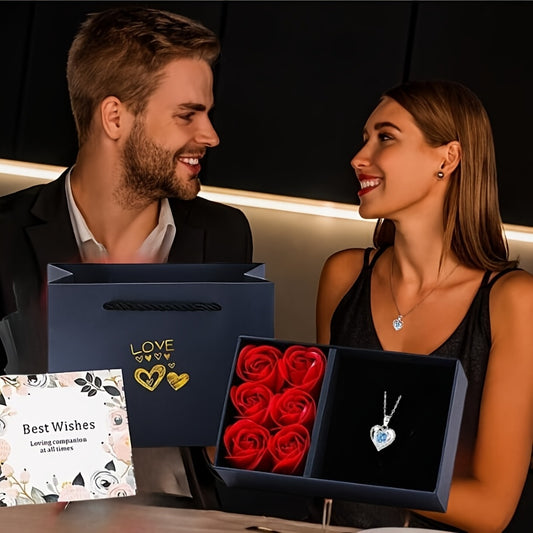 1 Box of Eternal Rose Soap, Exquisite Gift Set with Light Luxury Ocean Heart Pendant Necklace and Minimalist Sea Blue Heart Collarbone Chain Accessory. Perfect for Mother's Day, Valentine's Day, Girlfriend Shopping Festival,