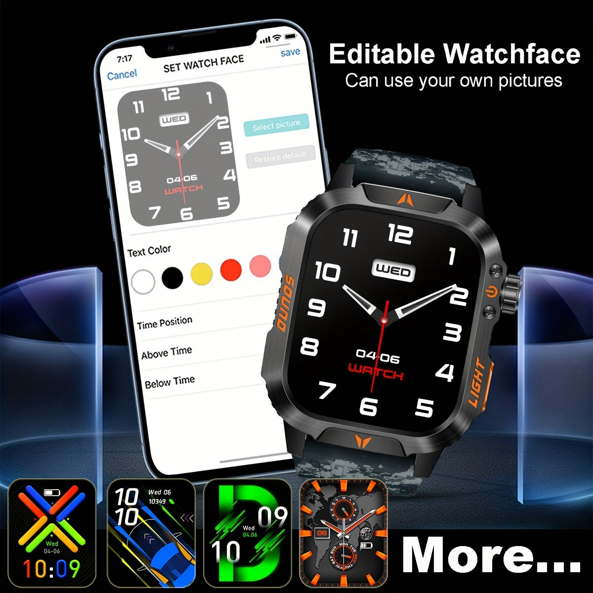 Brand New Stylish Square Men'S Outdoor Sports Smart Watch Wireless Call Flashlight AI Voice Assistant