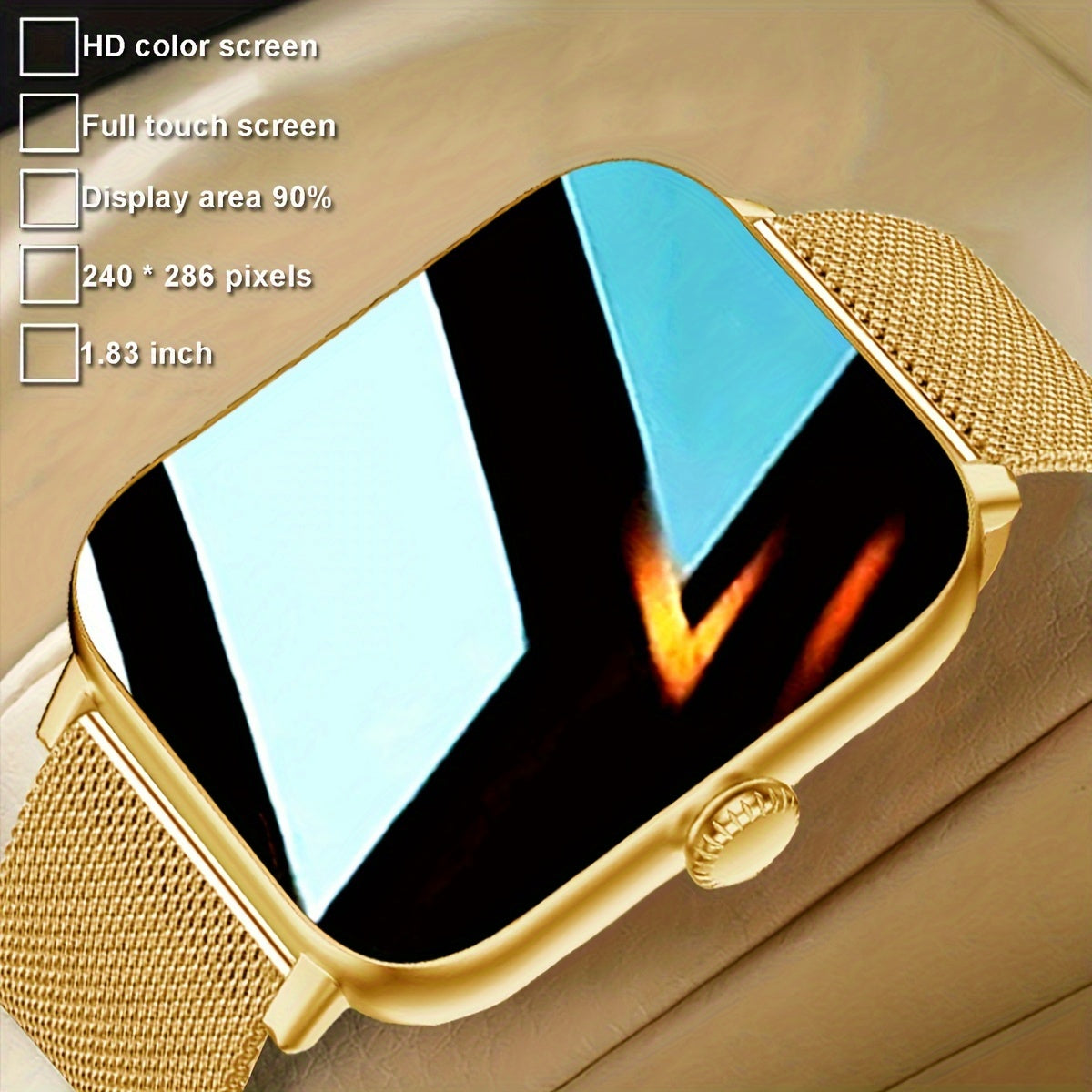 Smart Watch - 4.65cm HD Display, Golden-Tone Mesh Band,, Wireless, Sedentary Alert