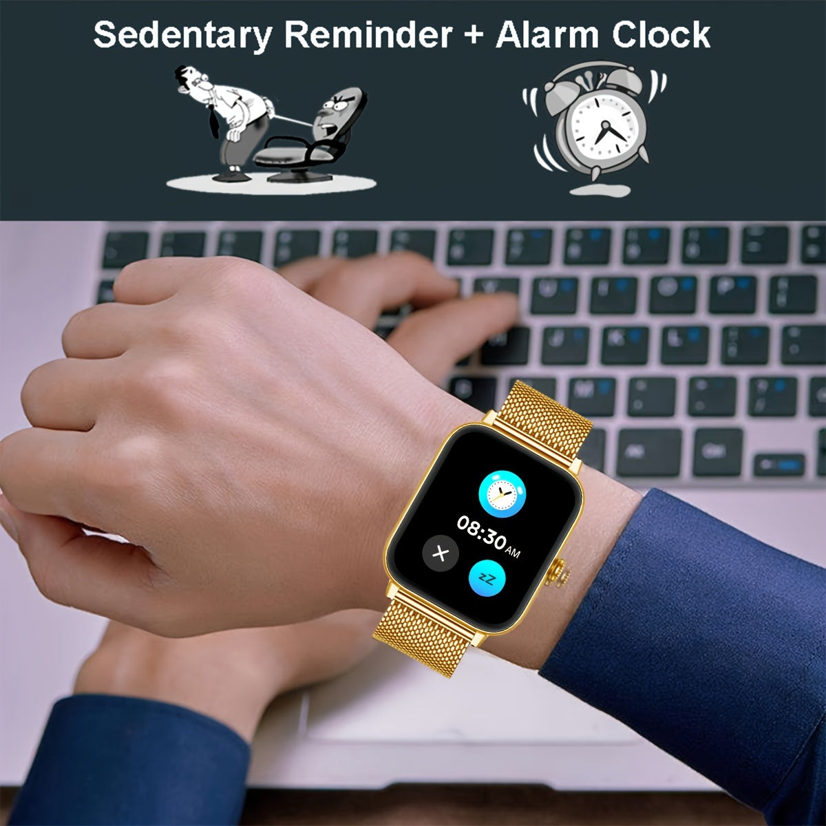 Smart Watch - 4.65cm HD Display, Golden-Tone Mesh Band,, Wireless, Sedentary Alert