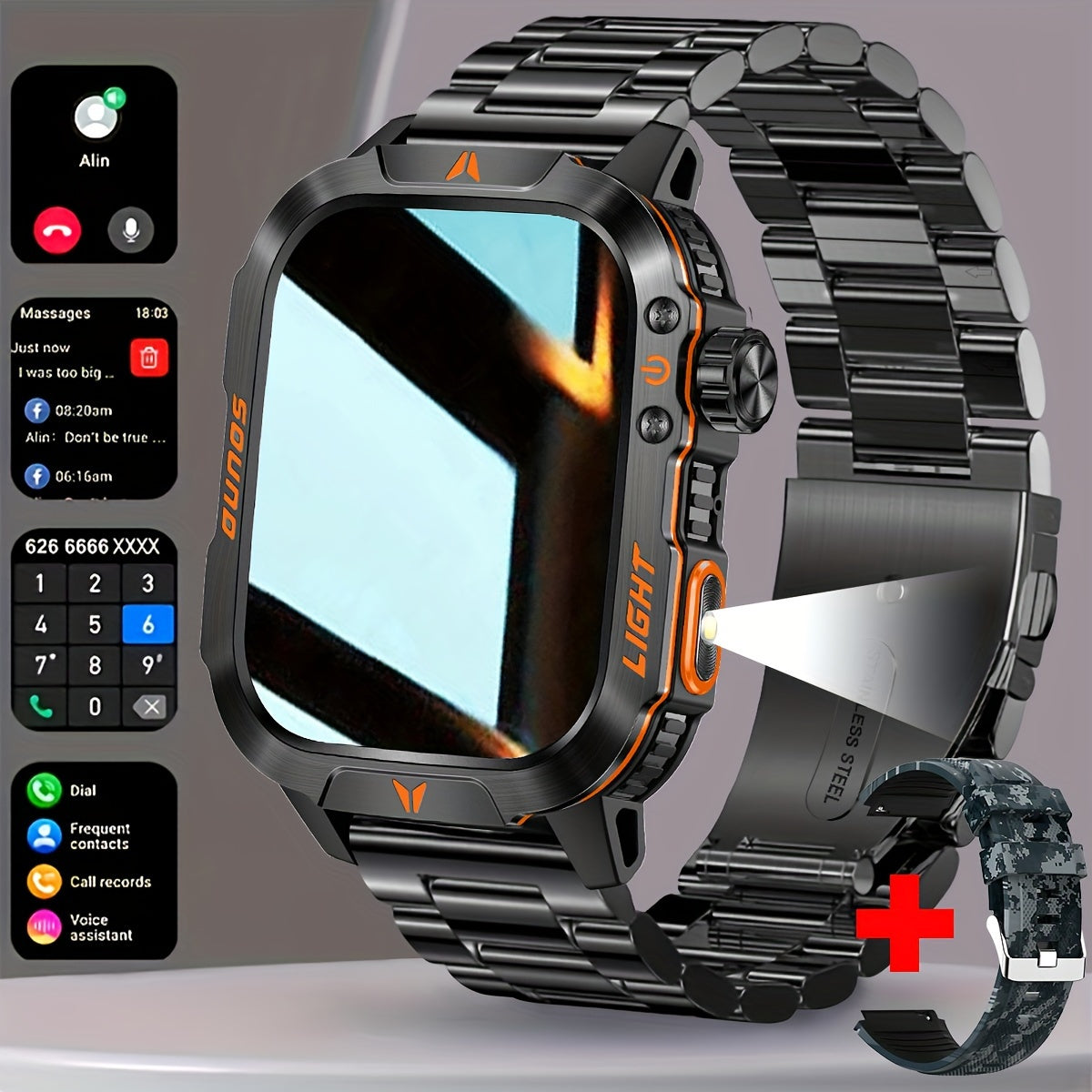 Brand New Stylish Square Men'S Outdoor Sports Smart Watch Wireless Call Flashlight AI Voice Assistant
