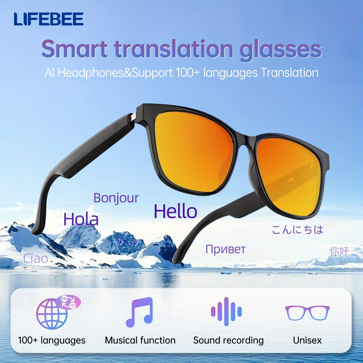 Smart Glasses with 144 Languages, Blue Light Filtering Polarized Lenses, Low Latency Audio