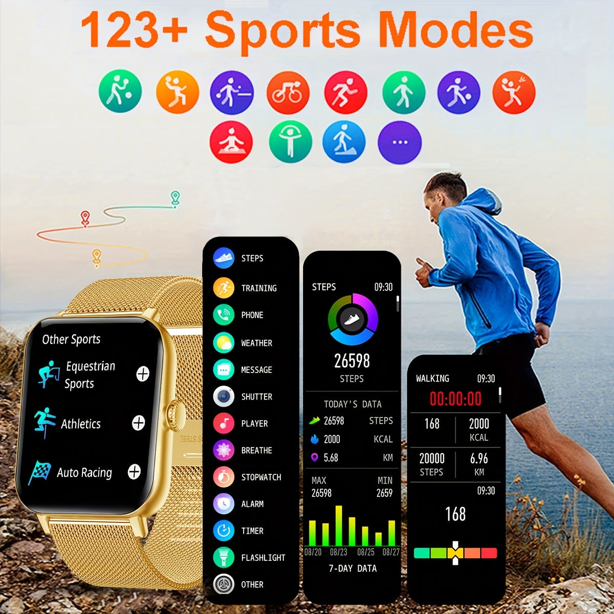 Smart Watch - 4.65cm HD Display, Golden-Tone Mesh Band,, Wireless, Sedentary Alert