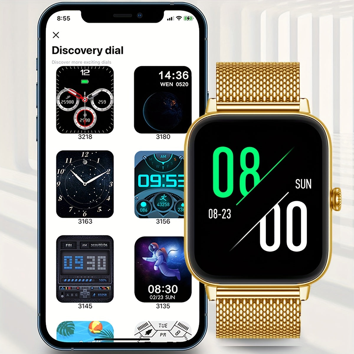 Smart Watch - 4.65cm HD Display, Golden-Tone Mesh Band,, Wireless, Sedentary Alert