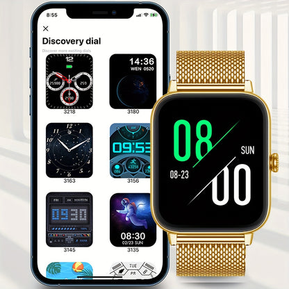 Smart Watch - 4.65cm HD Display, Golden-Tone Mesh Band,, Wireless, Sedentary Alert