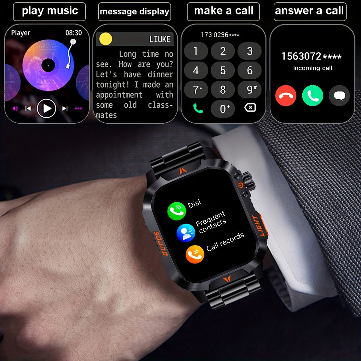 Brand New Stylish Square Men'S Outdoor Sports Smart Watch Wireless Call Flashlight AI Voice Assistant