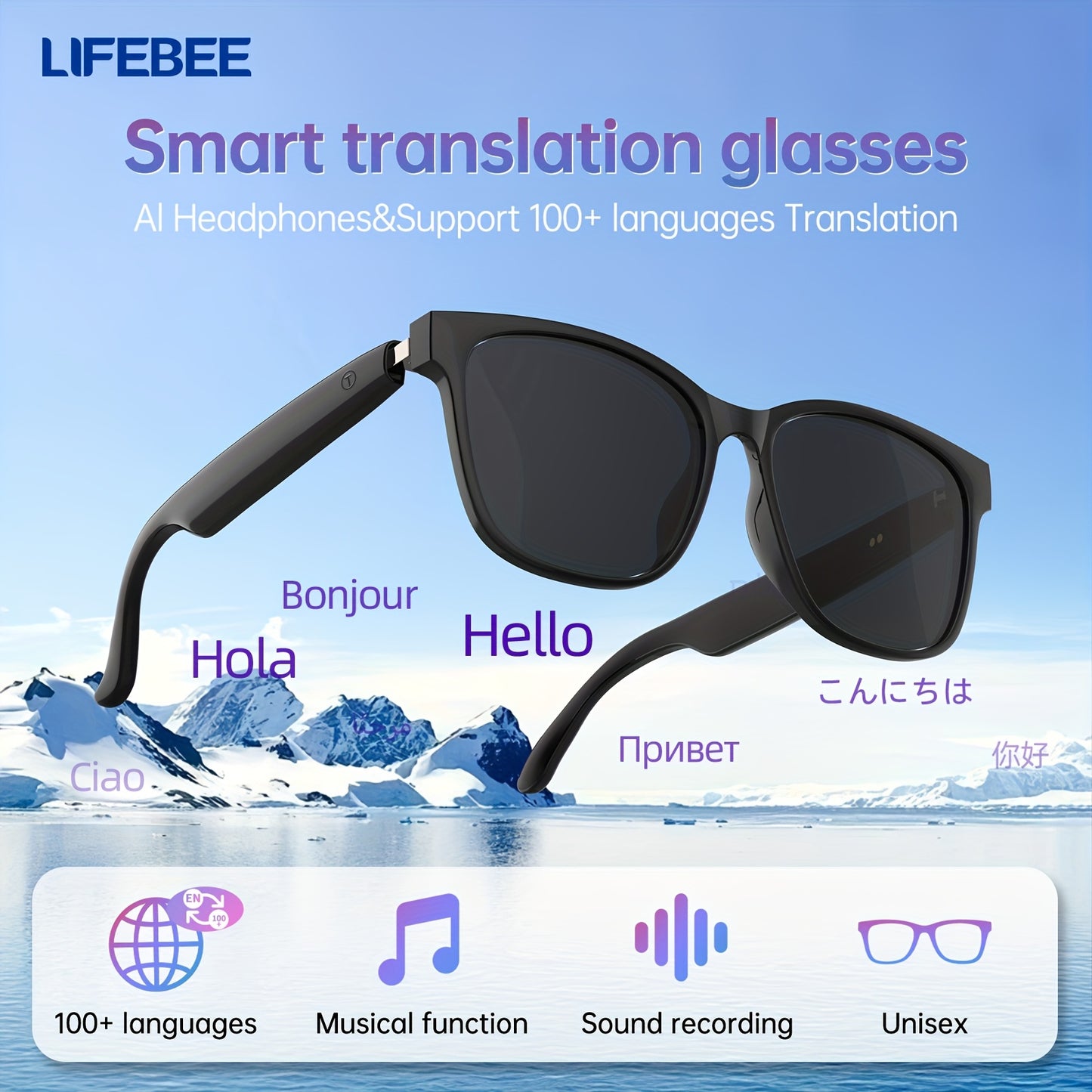 Smart Glasses with 144 Languages, Blue Light Filtering Polarized Lenses, Low Latency Audio