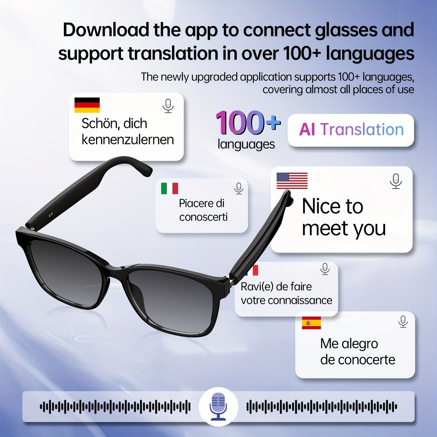 Smart Glasses with 144 Languages, Blue Light Filtering Polarized Lenses, Low Latency Audio