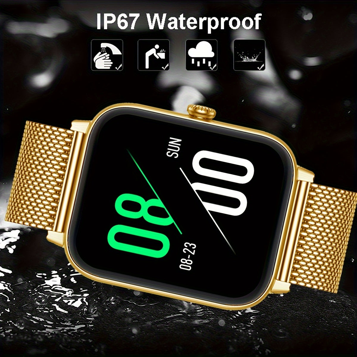 Smart Watch - 4.65cm HD Display, Golden-Tone Mesh Band,, Wireless, Sedentary Alert