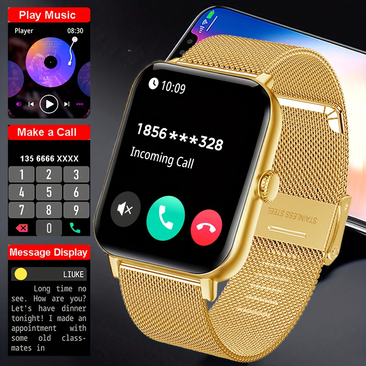 Smart Watch - 4.65cm HD Display, Golden-Tone Mesh Band,, Wireless, Sedentary Alert