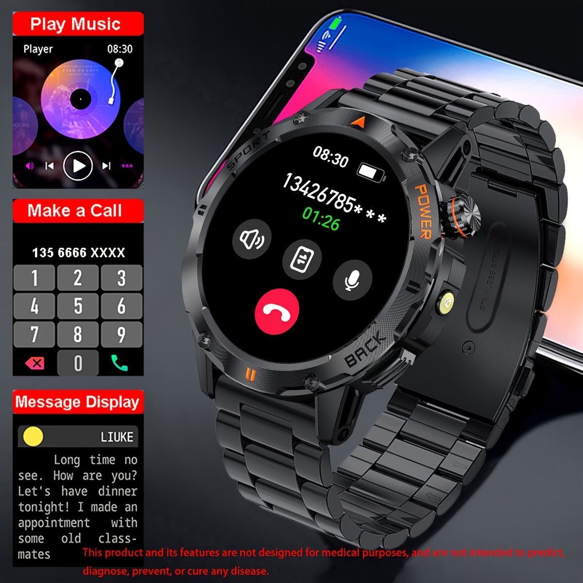 COIUSOR Men'S Smartwatch 1.53-Inch, Wireless Calling, LED Flashlight, Syncs Smartphone Information