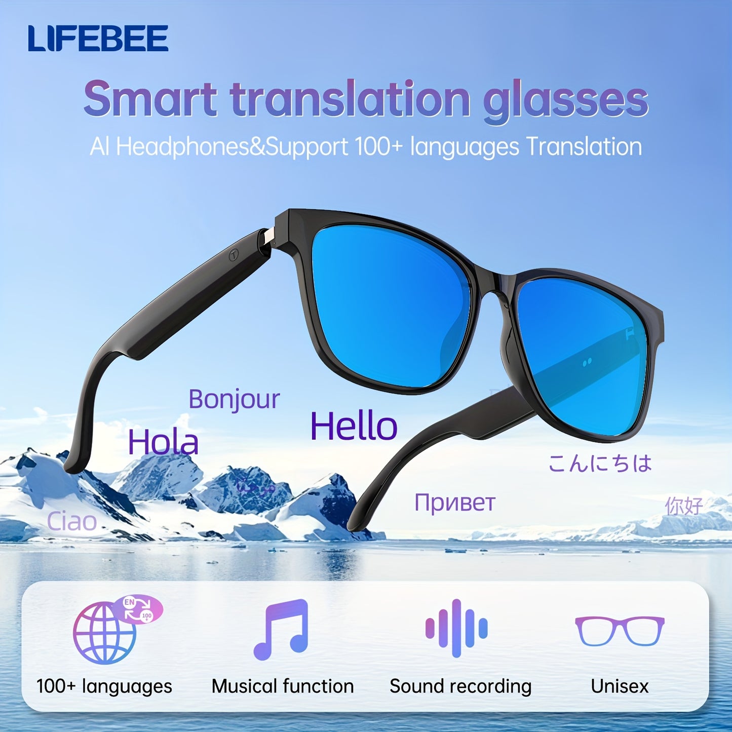 Smart Glasses with 144 Languages, Blue Light Filtering Polarized Lenses, Low Latency Audio