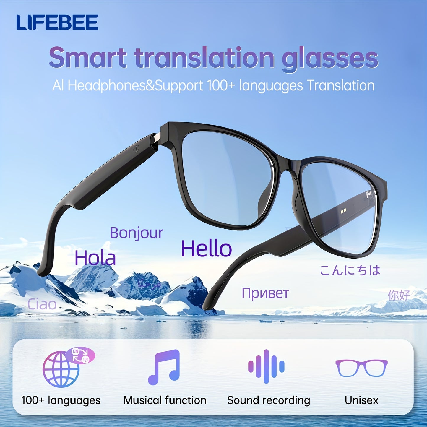 Smart Glasses with 144 Languages, Blue Light Filtering Polarized Lenses, Low Latency Audio